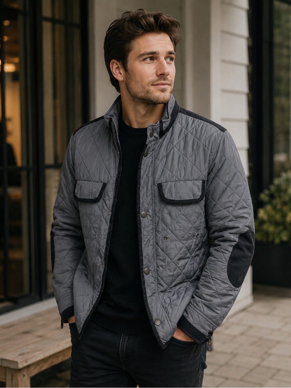 American Stitch Men’s Quilted Jacket Large Grey Elbow Patch Snap Zip Snap